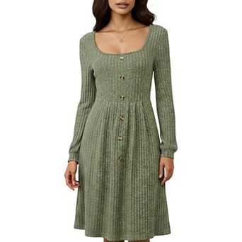 Women's Long Sleeve Ribbed Knit A-Line Dress with Button Front Detail