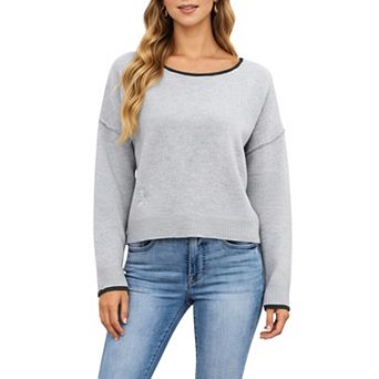 Women's Long Sleeve Crew Neck Knit Pullover Sweater with Contrast Trim