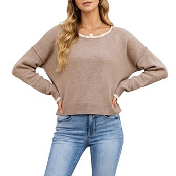 Women's Long Sleeve Crew Neck Knit Pullover Sweater with Contrast Trim