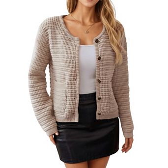 Women's Button Front Knit Cardigan with Long Sleeves and Textured Design