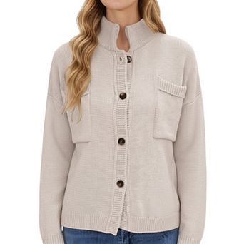 Women's Button Front Long Sleeve Knit Cardigan with Stand Collar and Front Pocket