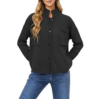 Women's Button Front Long Sleeve Knit Cardigan with Stand Collar and Front Pocket