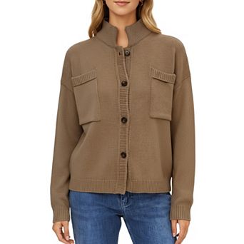 Women's Button Front Long Sleeve Knit Cardigan with Stand Collar and Front Pocket
