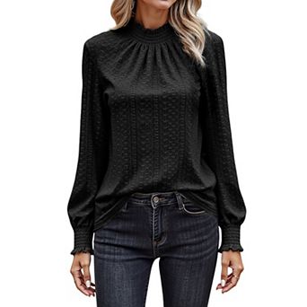 Women's Long Sleeve Textured Blouse with Smocked High Neckline and Cuffed Sleeves