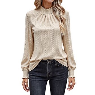 Women's Long Sleeve Textured Blouse with Smocked High Neckline and Cuffed Sleeves