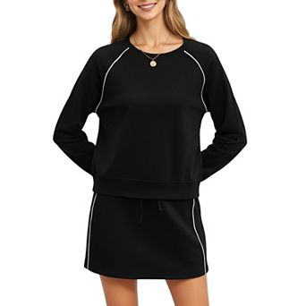 Women's 2 pc Set Long Sleeve Pullover Top with Elastic Waist Mini Skirt