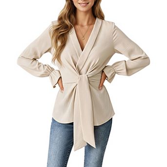 Women's Long Sleeve Wrap Front Blouse with Waist Tie and V-Neckline