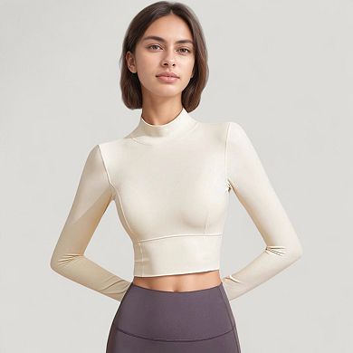 Women's Long Sleeve Crop Top with High Neck and Open Back Design