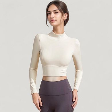 Women's Long Sleeve Crop Top with High Neck and Open Back Design
