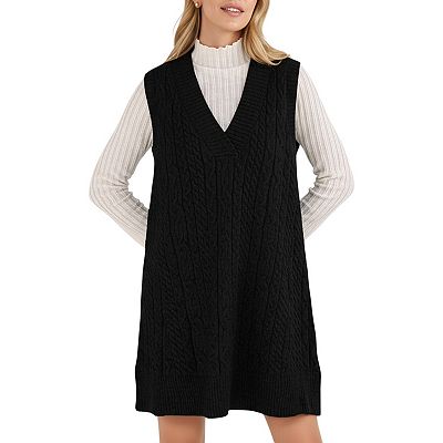 Anna-Kaci Women's Cable Knit Sweater Dress with Deep V-Neck and Sleeveless Design, XL 16-18 / Black