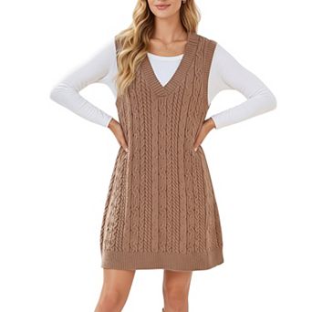 Women's Cable Knit Sweater Dress with Deep V-Neck and Sleeveless Design