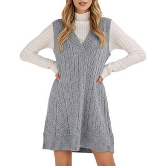 Women's Cable Knit Sweater Dress with Deep V-Neck and Sleeveless Design