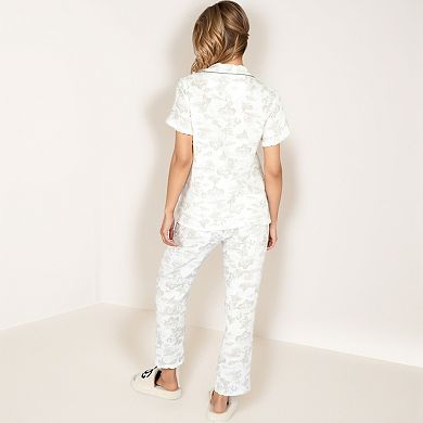 Women's Printed Two-Piece Pajama Set with Short Sleeve Button Top and Elastic Waist Shorts