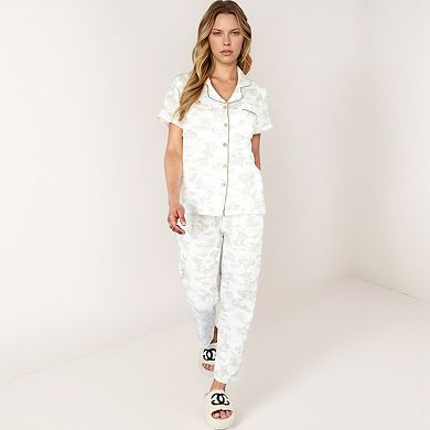 Women's Printed Two-Piece Pajama Set with Short Sleeve Button Top and Elastic Waist Shorts