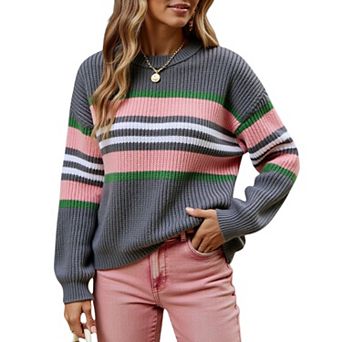 Women's Long Sleeve Striped Knit Sweater with Crew Neck and Relaxed Fit