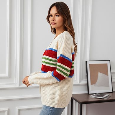 Women's Long Sleeve Striped Knit Sweater with Crew Neck and Relaxed Fit