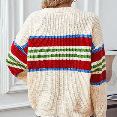 Women's Long Sleeve Striped Knit Sweater with Crew Neck and Relaxed Fit