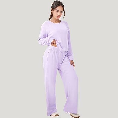 Women's Long Sleeve Crew Neck Pullover Top with Relaxed Fit and Ribbed Cuffs