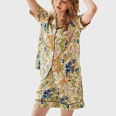 Women's Short Sleeve Button Front Satin Pajama Set with Floral Print Design