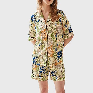 Women's Short Sleeve Button Front Satin Pajama Set with Floral Print Design