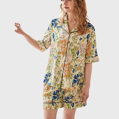 Women's Short Sleeve Button Front Satin Pajama Set with Floral Print Design