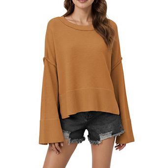 Women's Solid Color Pullover Sweater with Wide Ribbed Hem and Relaxed Fit