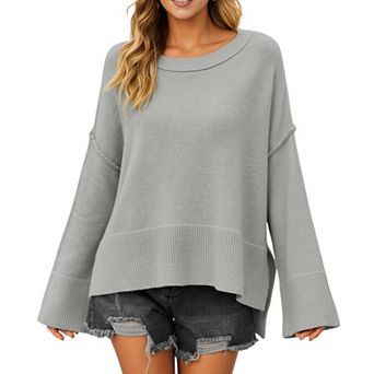 Women's Solid Color Pullover Sweater with Wide Ribbed Hem and Relaxed Fit
