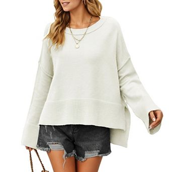 Women's Solid Color Pullover Sweater with Wide Ribbed Hem and Relaxed Fit