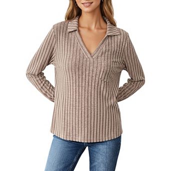 Women's Long Sleeve Ribbed Knit Top with Collared V-Neck and Chest Pocket