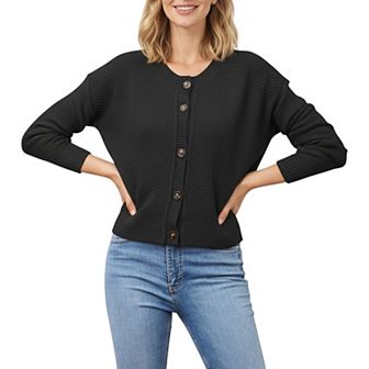 Women's Button Front Knit Cardigan with Long Sleeves and Ribbed Cuffs