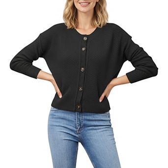 Women's Button Front Knit Cardigan with Long Sleeves and Ribbed Cuffs