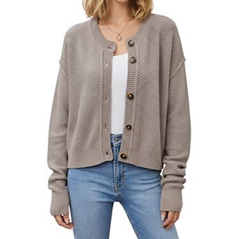 Women's Button Front Knit Cardigan with Long Sleeves and Ribbed Cuffs