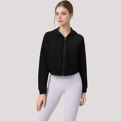 Women's Zip Front Cropped Hoodie with Long Sleeves and Drawstring Hood