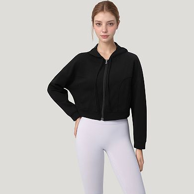 Women's Zip Front Cropped Hoodie with Long Sleeves and Drawstring Hood