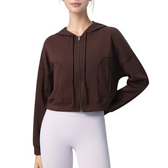 Women's Zip Front Cropped Hoodie with Long Sleeves and Drawstring Hood