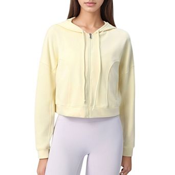 Women's Zip Front Cropped Hoodie with Long Sleeves and Drawstring Hood