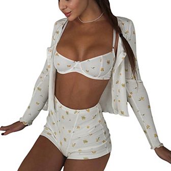 Women's 3 pc Print Loungewear Set with Bra Top, High-Waisted Shorts, and Long Sleeve Cardigan