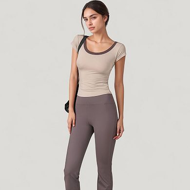 Women's Scoop Neck Contrast Trim Fitted Short Sleeve Active Top