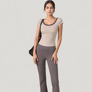 Women's Scoop Neck Contrast Trim Fitted Short Sleeve Active Top