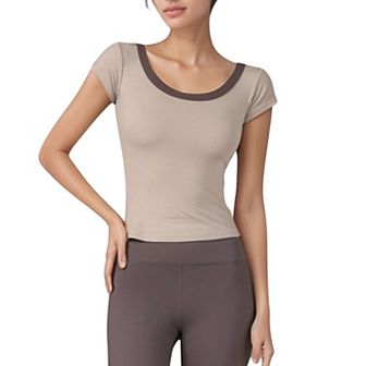 Women's Scoop Neck Contrast Trim Fitted Short Sleeve Active Top
