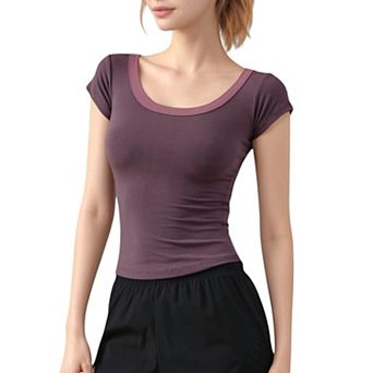Women's Scoop Neck Contrast Trim Fitted Short Sleeve Active Top
