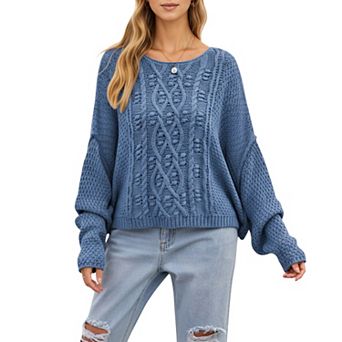 Women's Long Sleeve Cable Knit Pullover Sweater with Textured Pattern