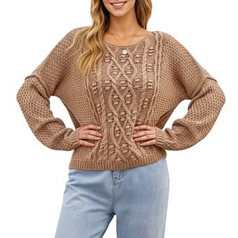 Women's Long Sleeve Cable Knit Pullover Sweater with Textured Pattern