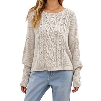 Women's Long Sleeve Cable Knit Pullover Sweater with Textured Pattern