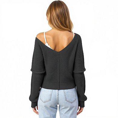 Women's Long Sleeve Waffle Knit Pullover Sweater with Relaxed Fit