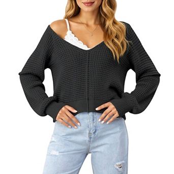 Women's Long Sleeve Waffle Knit Pullover Sweater with Relaxed Fit