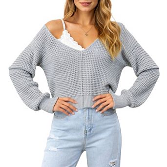 Women's Long Sleeve Waffle Knit Pullover Sweater with Relaxed Fit