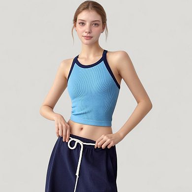 Women's Ribbed Racerback Cropped Tank Top with Contrast Trim and Fitted Stretch Fabric