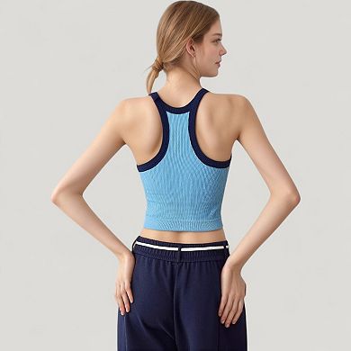Women's Ribbed Racerback Cropped Tank Top with Contrast Trim and Fitted Stretch Fabric