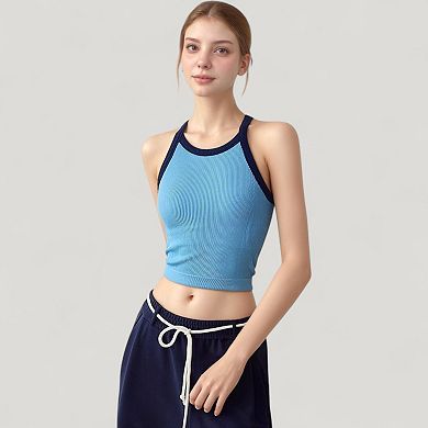 Women's Ribbed Racerback Cropped Tank Top with Contrast Trim and Fitted Stretch Fabric